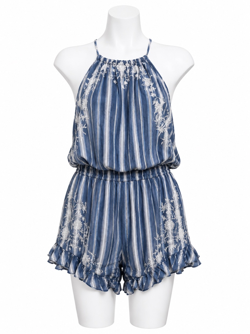 Size XS American Eagle Women’s Blue Striped Embroidered Open Back Romper